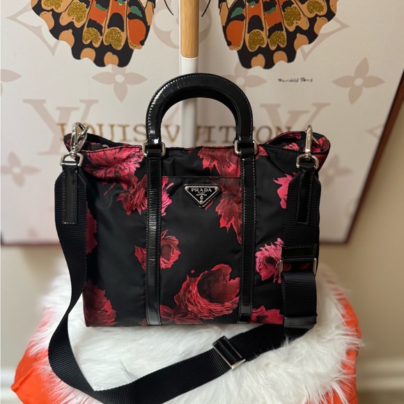 Prada Handbags - Prada Black and Red Floral Shoulder Bag